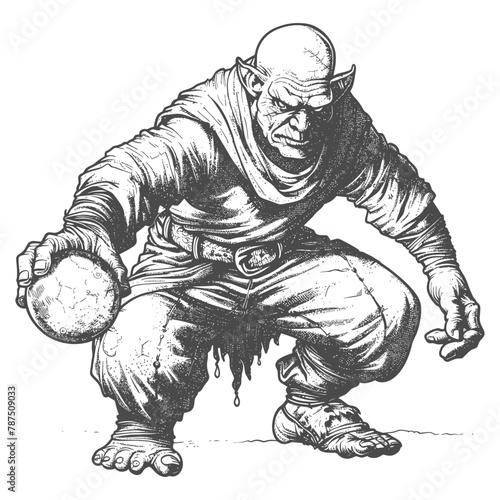 ogre mage or necromancer with magical orb images using Old engraving style