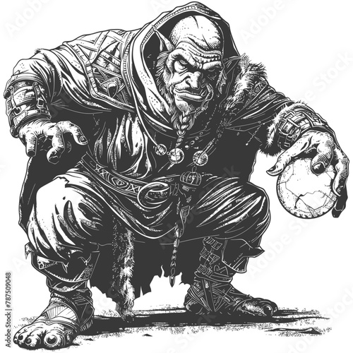 ogre mage or necromancer with magical orb images using Old engraving style