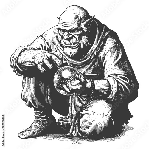 ogre mage or necromancer with magical orb images using Old engraving style