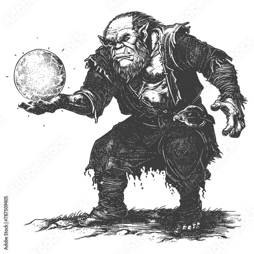 ogre mage or necromancer with magical orb images using Old engraving style