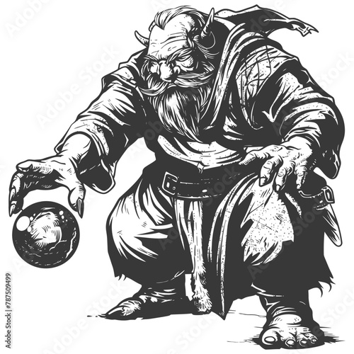 ogre mage or necromancer with magical orb images using Old engraving style