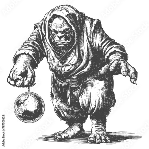 ogre mage or necromancer with magical orb images using Old engraving style