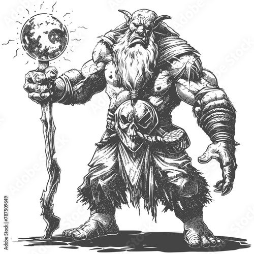 ogre mage or necromancer with magical orb images using Old engraving style