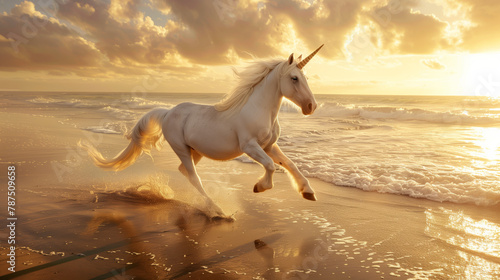 A white unicorn prancing along a sandy beach at sunrise photo