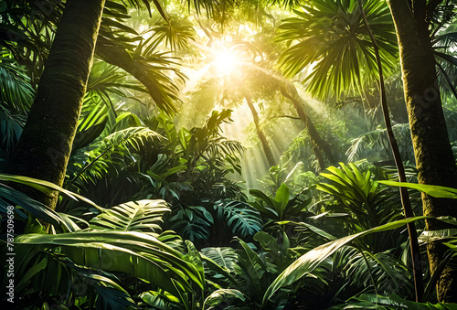 Vibrant tropical jungle canopy with sunlight filtering through vector art illustration image. 