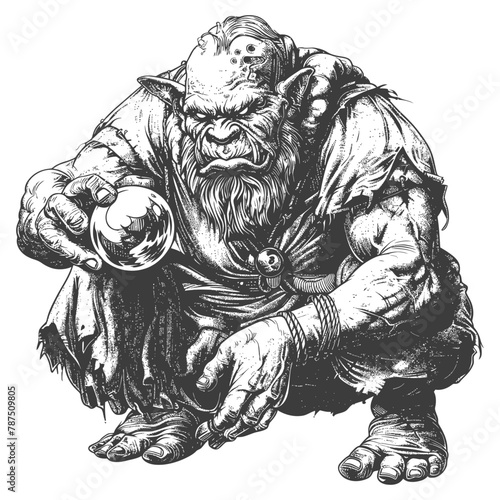 ogre mage or necromancer with magical orb images using Old engraving style