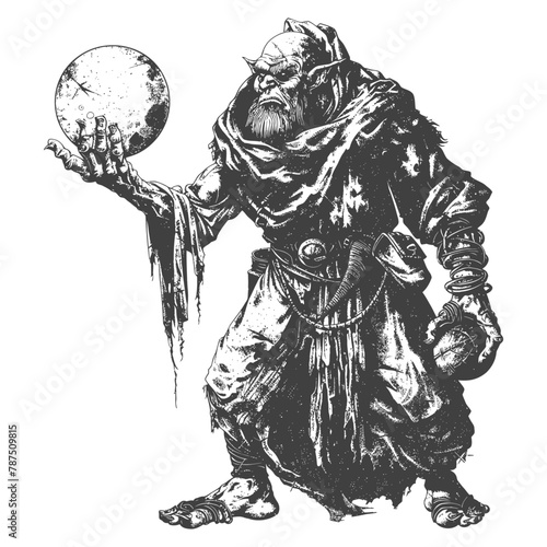 ogre mage or necromancer with magical orb images using Old engraving style