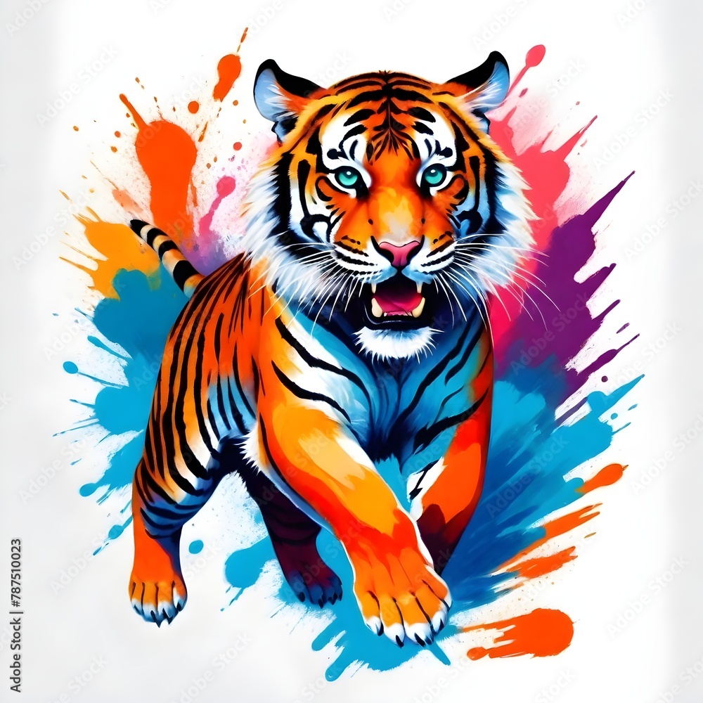 Tiger in Motion with Colorful Paint Splashes