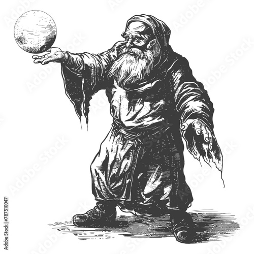 ogre mage or necromancer with magical orb images using Old engraving style