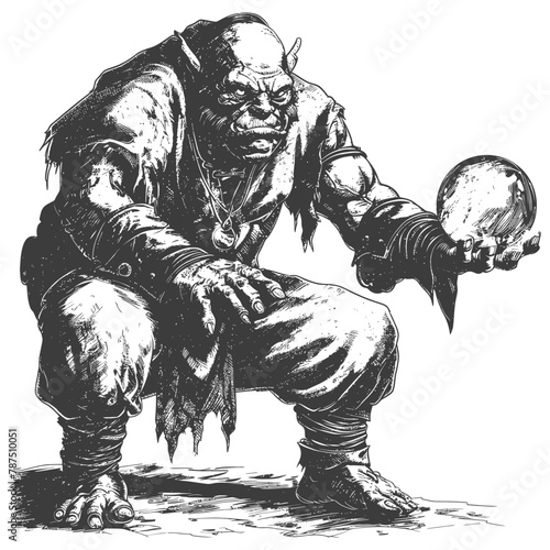 ogre mage or necromancer with magical orb images using Old engraving style