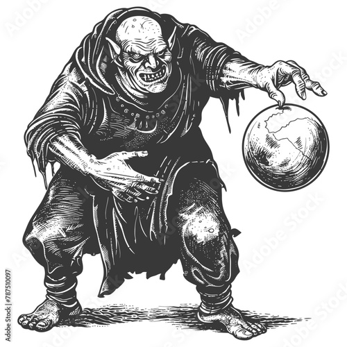ogre mage or necromancer with magical orb images using Old engraving style