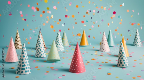 Group of Party Hats With Confetti and Streamers
