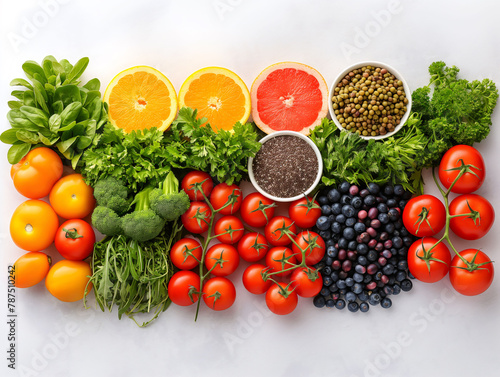 Top view of fruits and vegetables arranged neatly on a table