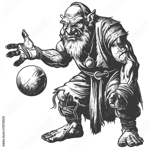 ogre mage or necromancer with magical orb images using Old engraving style