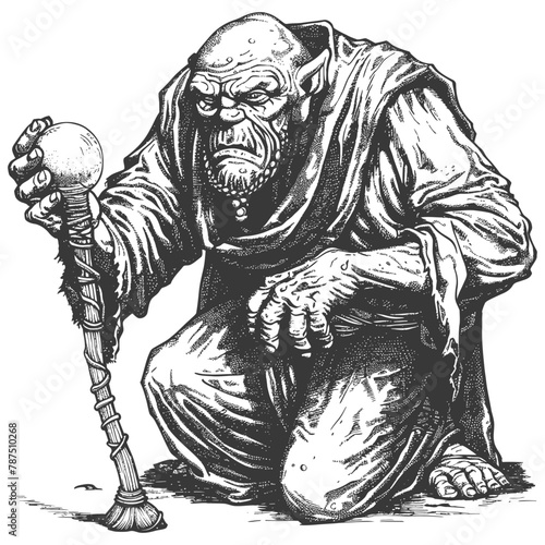 ogre mage or necromancer with magical orb images using Old engraving style