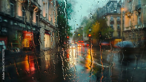 A world transformed by a dreary defocused downpour blurred buildings shiny streets and swaying trees. Amidst it all the inviting glow of a retreat where the sound of rain is drowned .