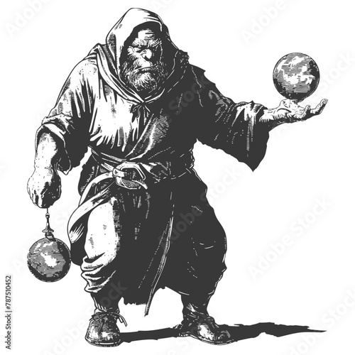 ogre mage or necromancer with magical orb images using Old engraving style