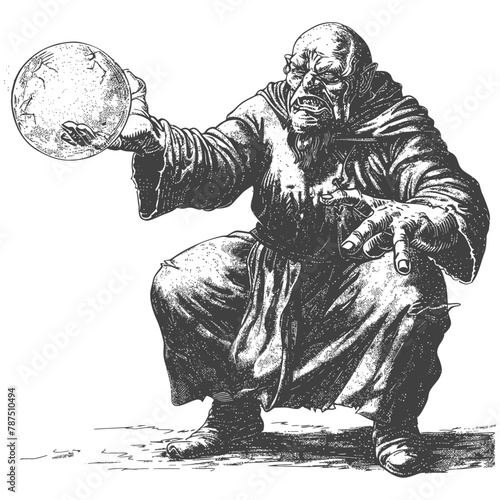 ogre mage or necromancer with magical orb images using Old engraving style
