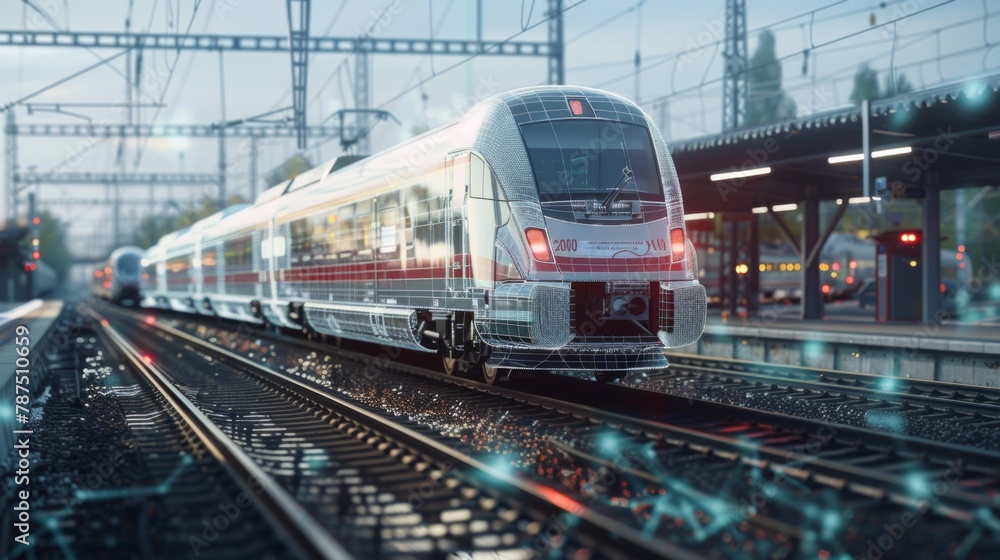 Fototapeta premium Train Traveling Along Train Tracks Near Station