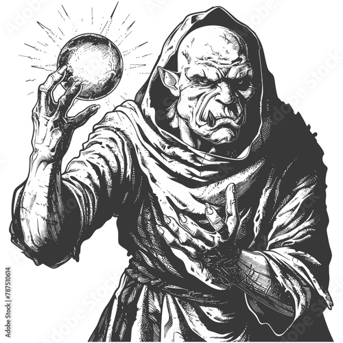 ogre mage or necromancer with magical orb images using Old engraving style