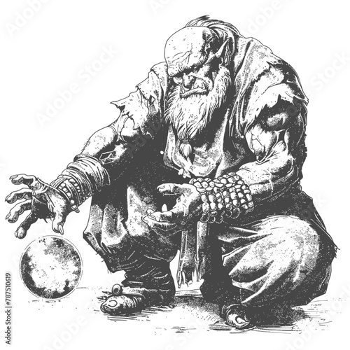 ogre mage or necromancer with magical orb images using Old engraving style