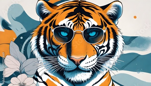 Tiger with Blue Shades and Serene Waves 