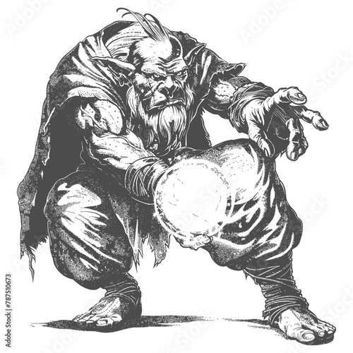 ogre mage or necromancer with magical orb images using Old engraving style