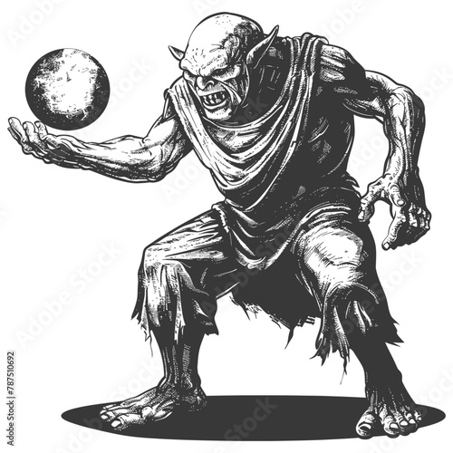 ogre mage or necromancer with magical orb images using Old engraving style