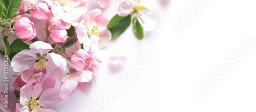 Flowers of the spring season. Apple tree twig on a white backdrop. Blank card for text. Natural border.