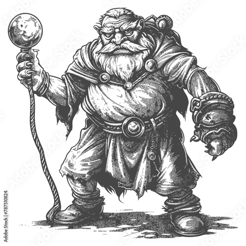 ogre mage or necromancer with magical orb images using Old engraving style