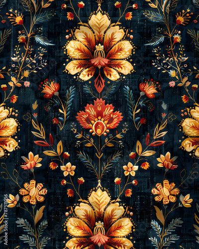 Culturally Diverse Seamless Pattern: Hand-Painted Floral Art in Indian Style, Black Background, Light Yellow, Dark Teal, Crimson, Dotted, Craftcore photo