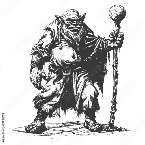 ogre mage or necromancer with magical staff images using Old engraving style