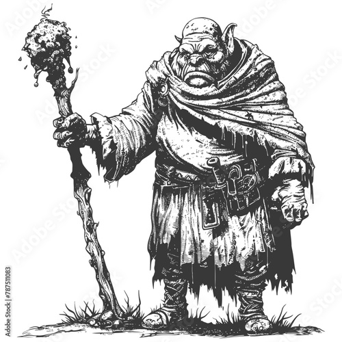 ogre mage or necromancer with magical staff images using Old engraving style