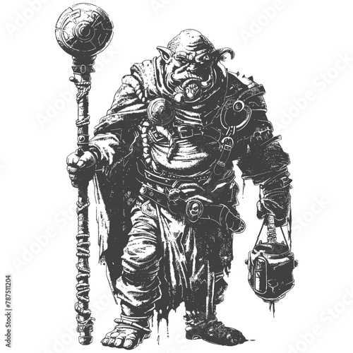 ogre mage or necromancer with magical staff images using Old engraving style