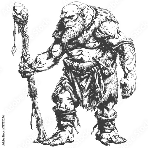 ogre mage or necromancer with magical staff images using Old engraving style