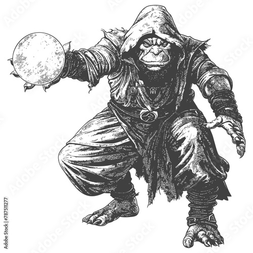 ogre mage or necromancer with magical orb images using Old engraving style