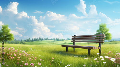 Beautiful spring summer natural landscape. Wooden bench on green meadow grass background with blooming flowers, trees, hills, blue sky and clouds on warm sunny day. Colorful bright nature wallpaper.