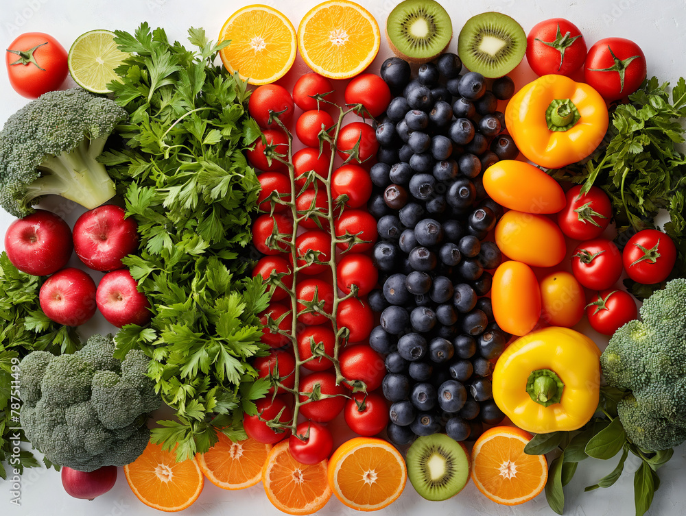 Top view of fruits and vegetables arranged neatly on a table Top view of fruits and vegetables arranged neatly on a table