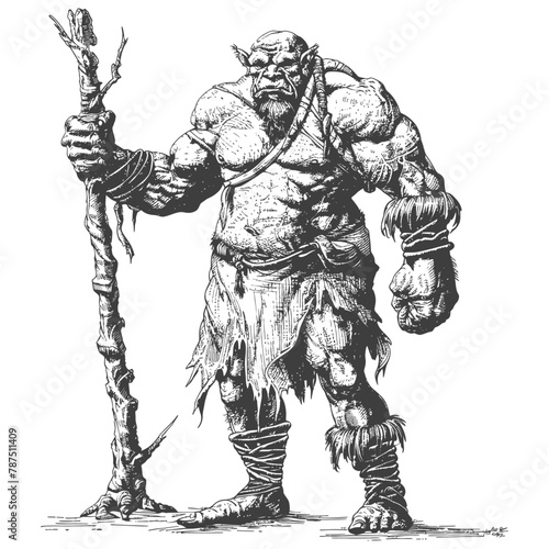 ogre mage or necromancer with magical staff images using Old engraving style