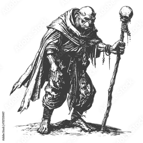 ogre mage or necromancer with magical staff images using Old engraving style