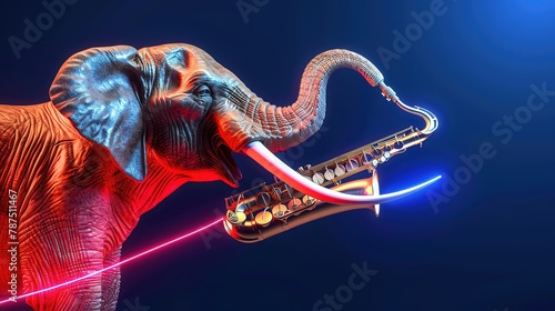 An elephant skillfully maneuvered a saxophone with its trunk, producing deep, soulful notes in a jazzy closeup photo