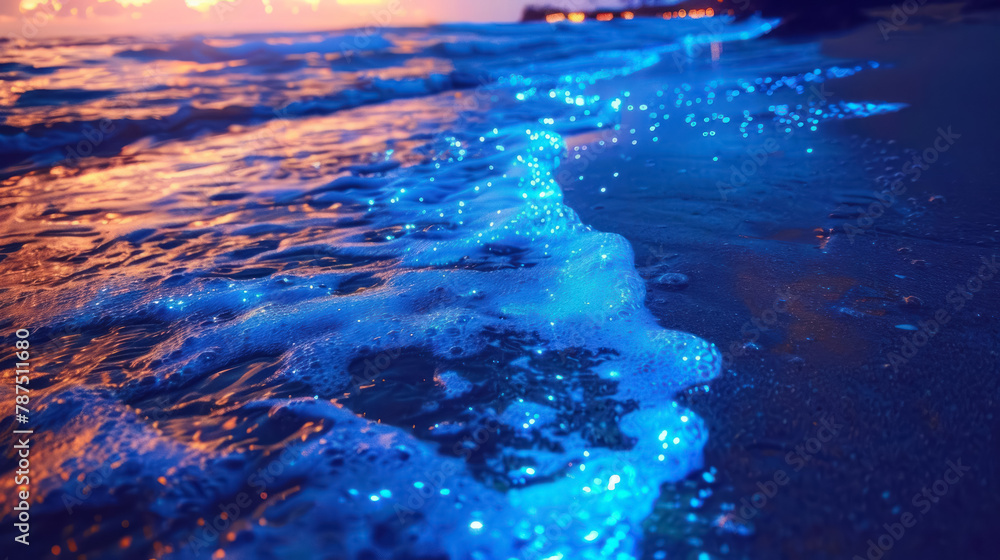 glowing bioluminescent waves on the beach at night under starry sky