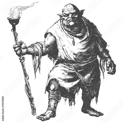 ogre mage or necromancer with magical staff images using Old engraving style