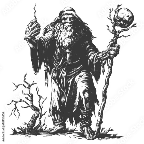 ogre mage or necromancer with magical staff images using Old engraving style