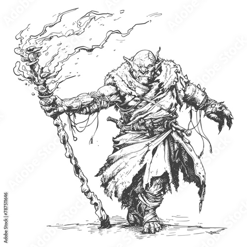 ogre mage or necromancer with magical staff images using Old engraving style