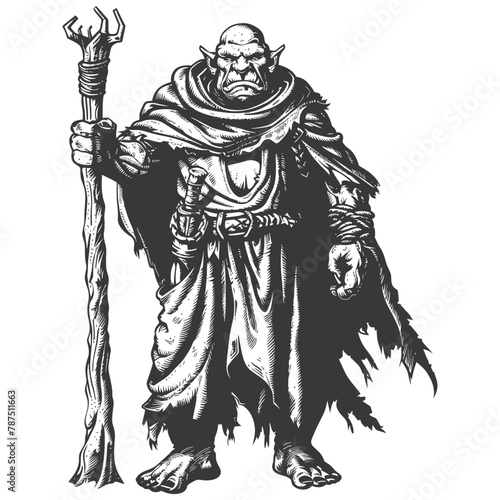 ogre mage or necromancer with magical staff images using Old engraving style