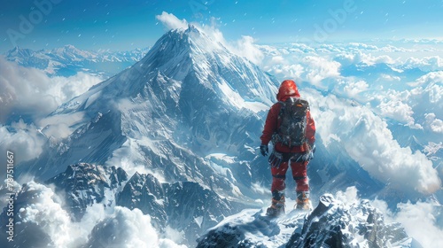 A striking image of a mountaineer at the summit, the vast landscape behind them underscoring the triumph and scale of their achievement.