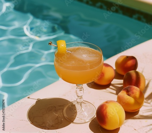 Glasses and Peaches Next to Pool