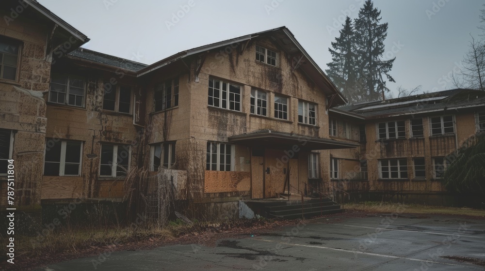 A creepy old orphanage with boarded-up windows  AI generated illustration