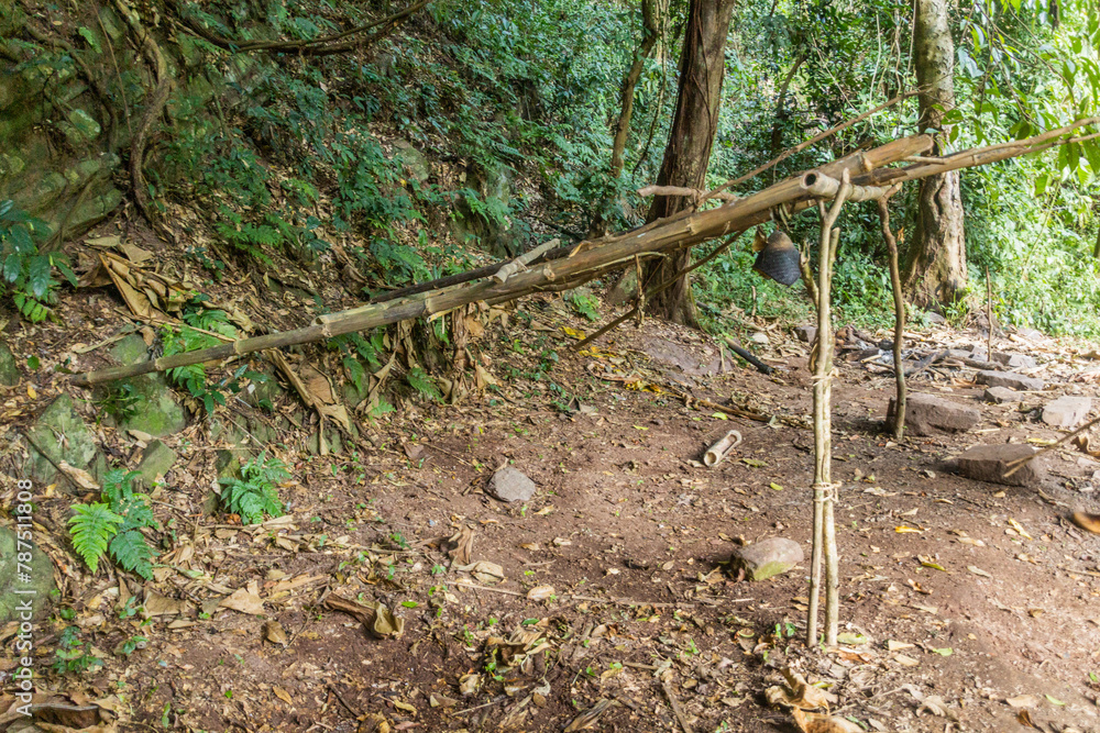 Fototapeta premium Simple shelter made of bamboo in the forest of Nam Ha National Protected Area, Laos